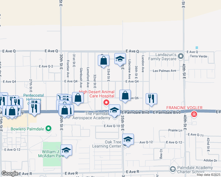 map of restaurants, bars, coffee shops, grocery stores, and more near 38538 33rd Street East in Palmdale