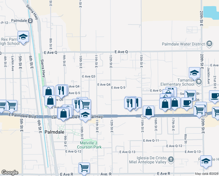 map of restaurants, bars, coffee shops, grocery stores, and more near 38553 12th Street East in Palmdale