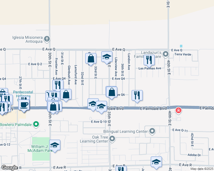 map of restaurants, bars, coffee shops, grocery stores, and more near 38539 35th Street East in Palmdale