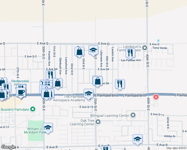 map of restaurants, bars, coffee shops, grocery stores, and more near 38539 35th Street East in Palmdale