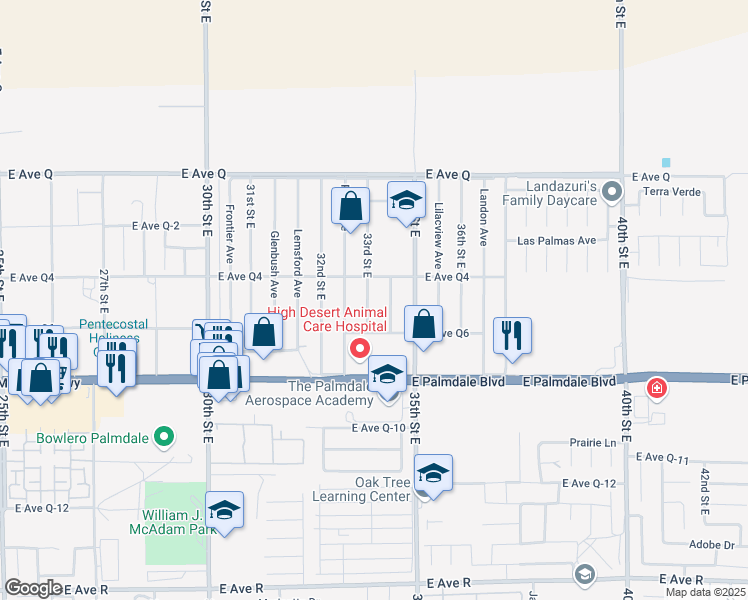 map of restaurants, bars, coffee shops, grocery stores, and more near 38538 33rd Street East in Palmdale