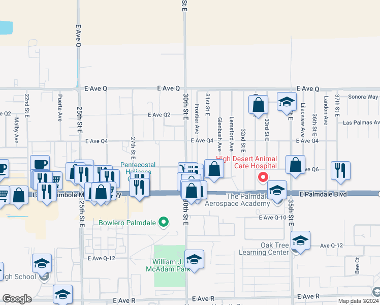 map of restaurants, bars, coffee shops, grocery stores, and more near 38533 Glenbush Avenue in Palmdale