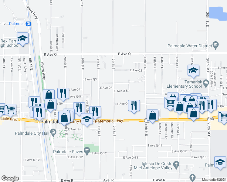 map of restaurants, bars, coffee shops, grocery stores, and more near 12th Street East in Palmdale