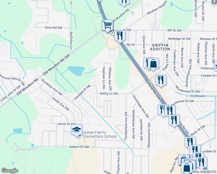 map of restaurants, bars, coffee shops, grocery stores, and more near 1716 Saginaw Lane Southwest in Decatur