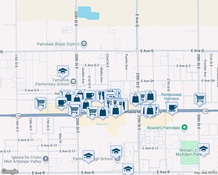 map of restaurants, bars, coffee shops, grocery stores, and more near 38550 22nd Street East in Palmdale