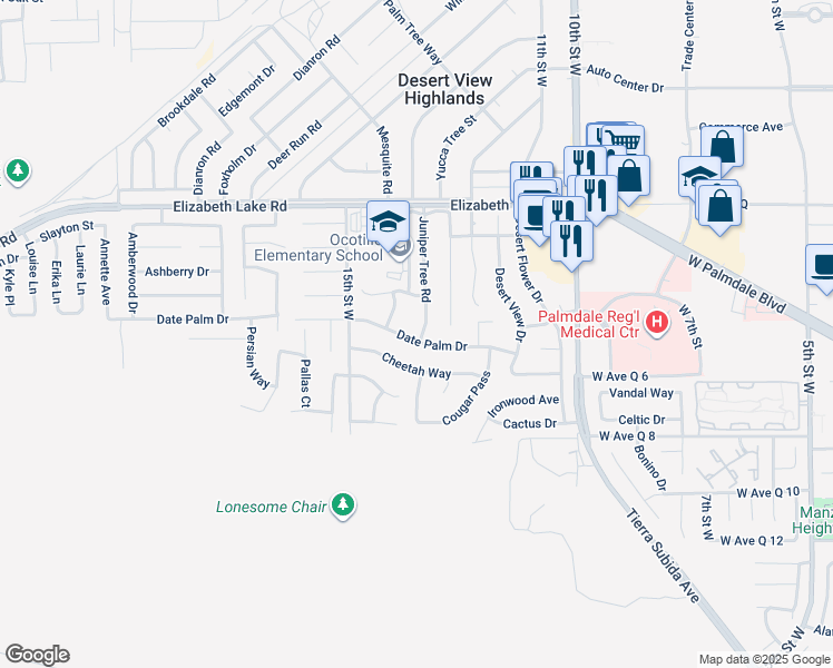 map of restaurants, bars, coffee shops, grocery stores, and more near 1267 Date Palm Drive in Palmdale