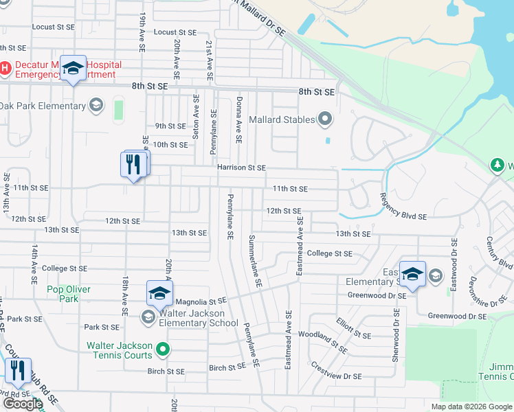 map of restaurants, bars, coffee shops, grocery stores, and more near 1601 Summerlane Southeast in Decatur