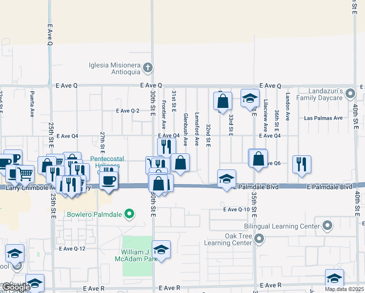map of restaurants, bars, coffee shops, grocery stores, and more near 38533 Glenbush Avenue in Palmdale