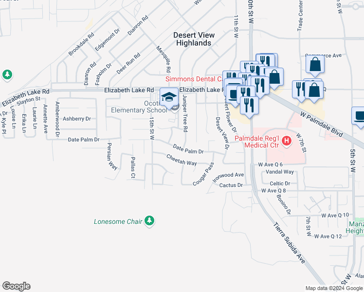map of restaurants, bars, coffee shops, grocery stores, and more near 1267 Date Palm Drive in Palmdale