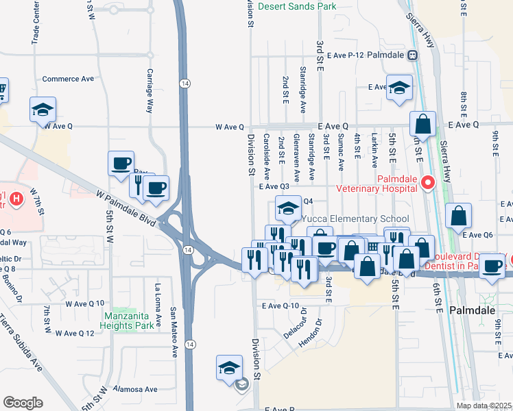 map of restaurants, bars, coffee shops, grocery stores, and more near 38532 Division Street in Palmdale