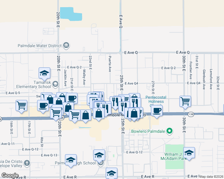 map of restaurants, bars, coffee shops, grocery stores, and more near 2320 East Avenue Q4 in Palmdale