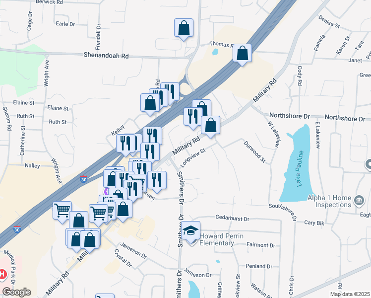 map of restaurants, bars, coffee shops, grocery stores, and more near 1414 Longview Street in Benton