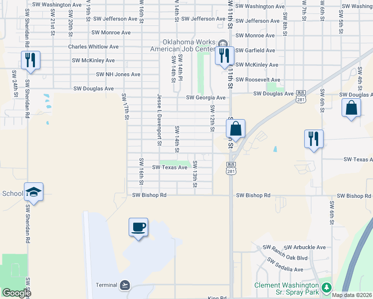 map of restaurants, bars, coffee shops, grocery stores, and more near 1332 Southwest Tennessee Avenue in Lawton