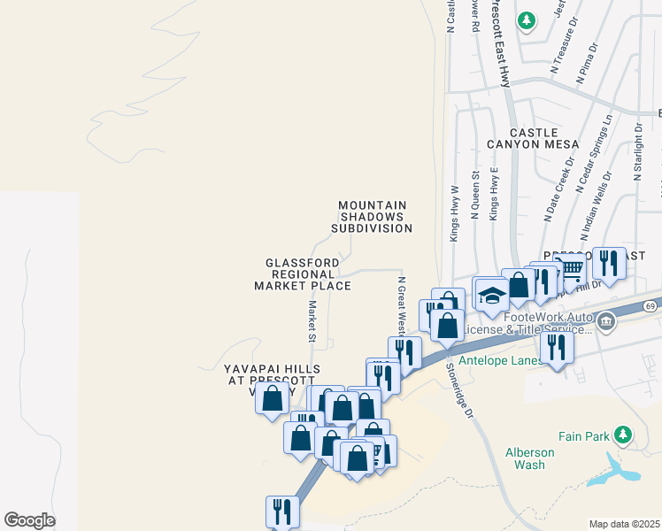 map of restaurants, bars, coffee shops, grocery stores, and more near 18 North Malapai Drive in Prescott Valley