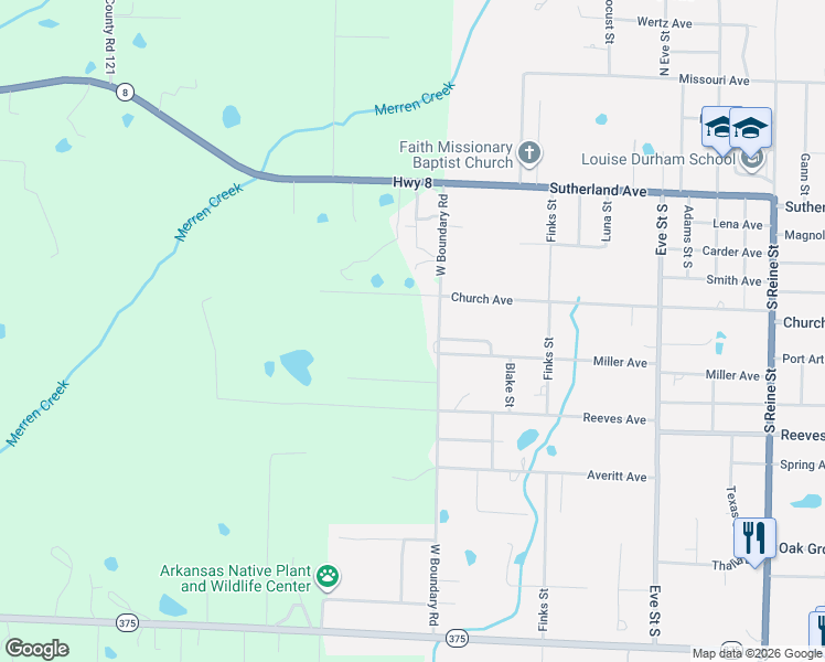 map of restaurants, bars, coffee shops, grocery stores, and more near 609 West Boundary Road in Mena