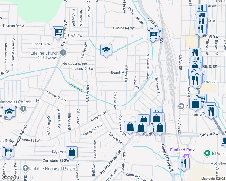 map of restaurants, bars, coffee shops, grocery stores, and more near 301 Albert Street Southwest in Decatur