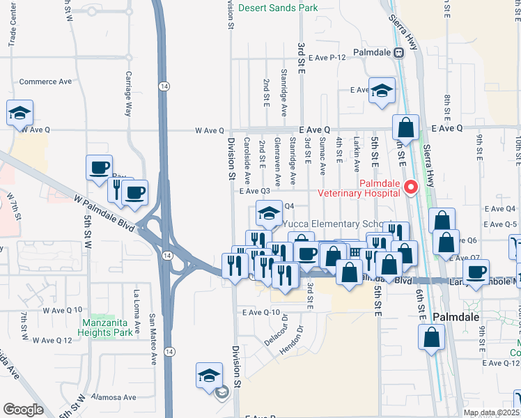 map of restaurants, bars, coffee shops, grocery stores, and more near 190 East Avenue Q4 in Palmdale