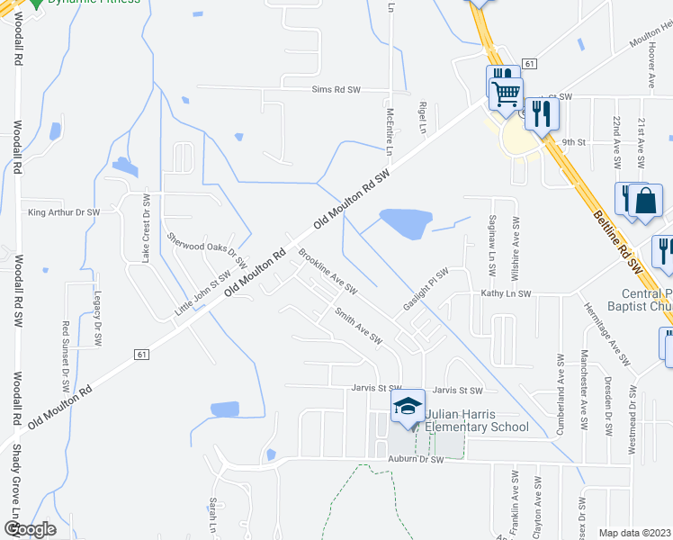 map of restaurants, bars, coffee shops, grocery stores, and more near 1218 Brookline Avenue Southwest in Decatur