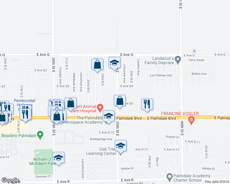 map of restaurants, bars, coffee shops, grocery stores, and more near 38545 35th Street East in Palmdale