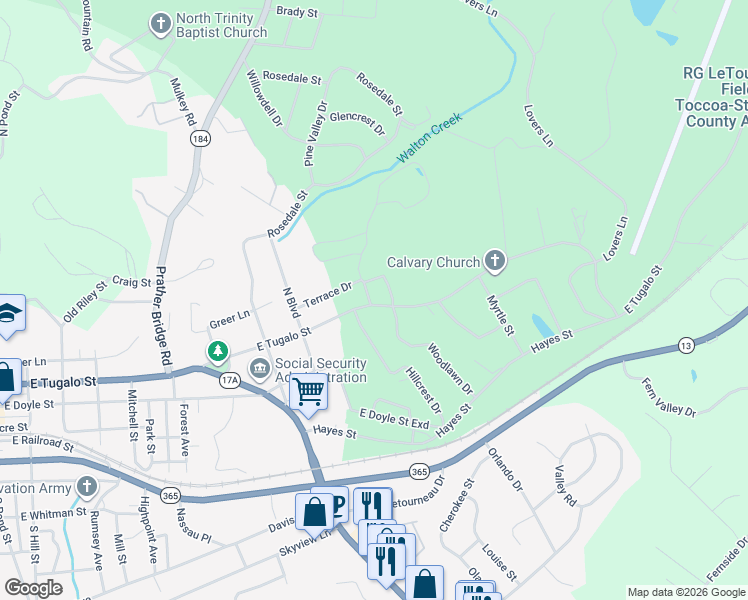 map of restaurants, bars, coffee shops, grocery stores, and more near 22 Woodlawn Drive in Toccoa
