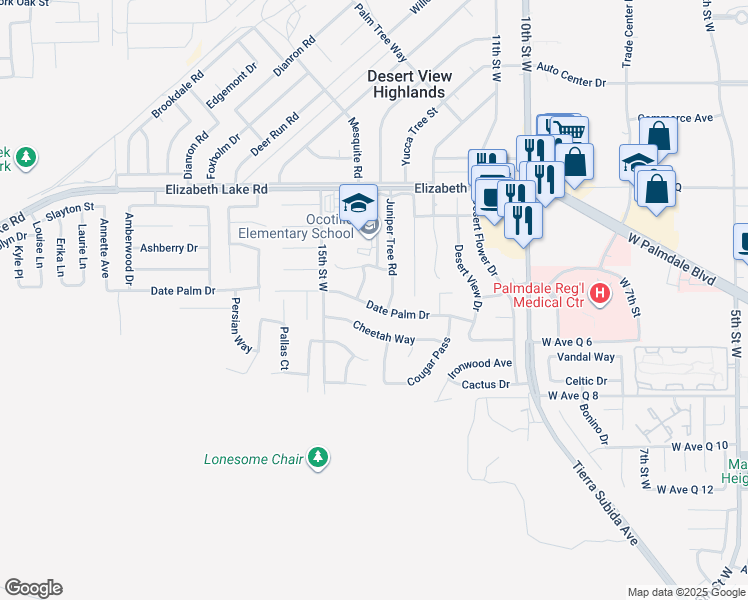 map of restaurants, bars, coffee shops, grocery stores, and more near 1311 Date Palm Drive in Palmdale