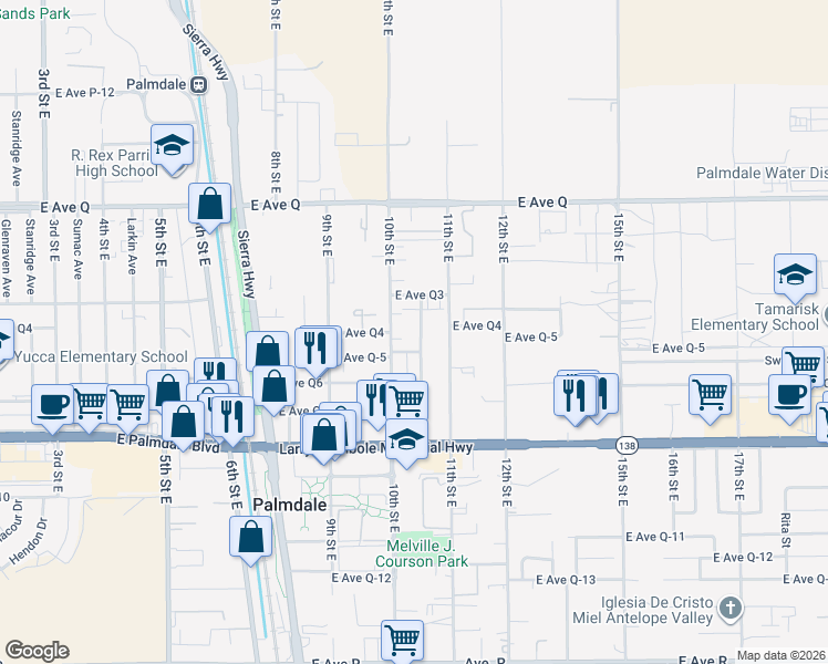 map of restaurants, bars, coffee shops, grocery stores, and more near 38557 10th Place East in Palmdale