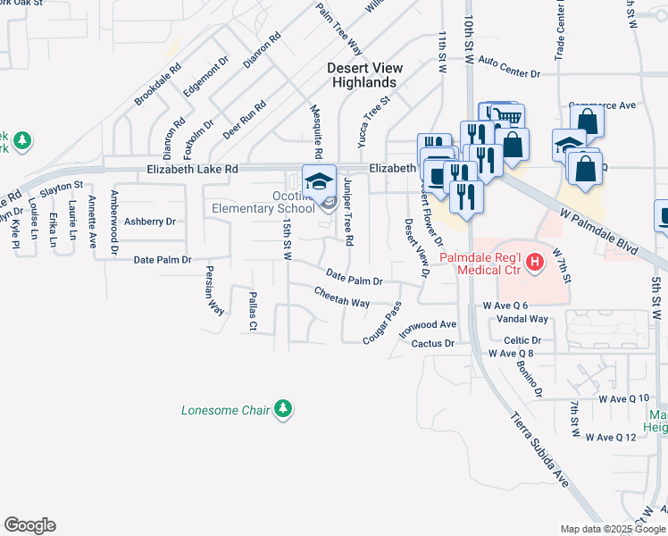 map of restaurants, bars, coffee shops, grocery stores, and more near 1311 Date Palm Drive in Palmdale