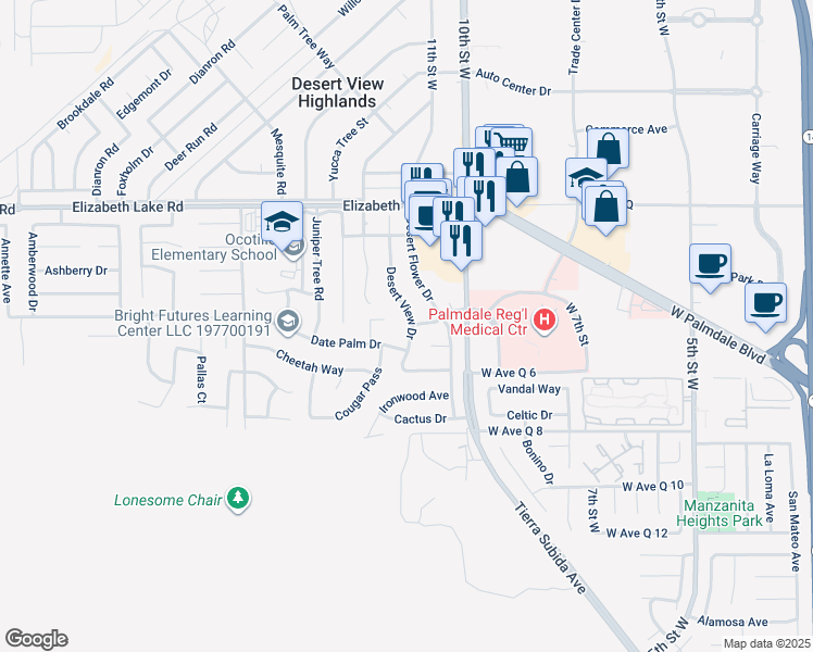 map of restaurants, bars, coffee shops, grocery stores, and more near 38549 Desert View Drive in Palmdale