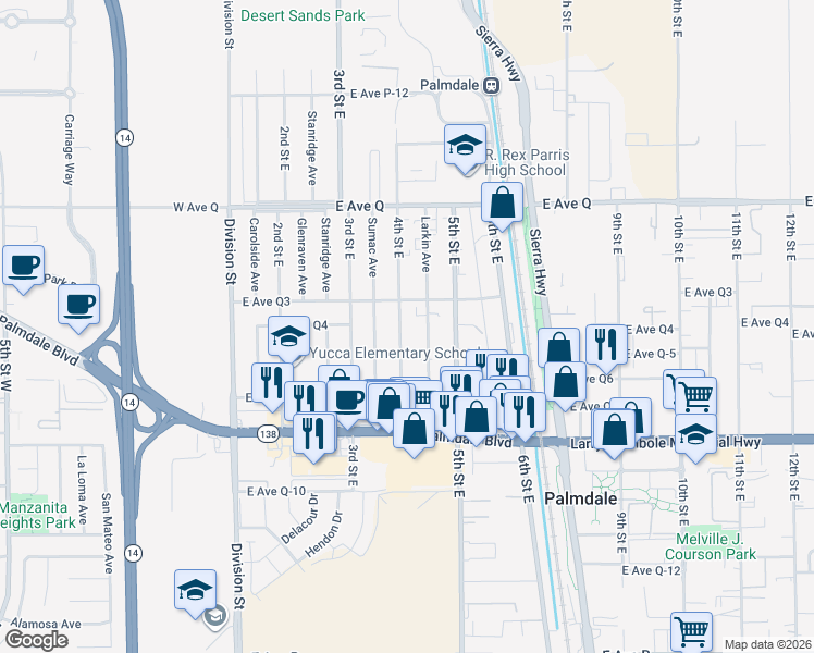 map of restaurants, bars, coffee shops, grocery stores, and more near 38538 4th Street East in Palmdale
