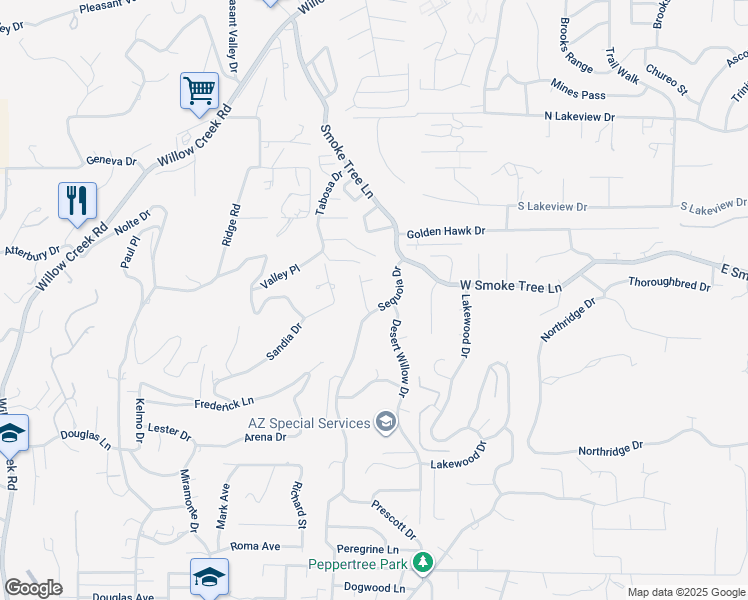map of restaurants, bars, coffee shops, grocery stores, and more near 2509 Redbud Lane in Prescott
