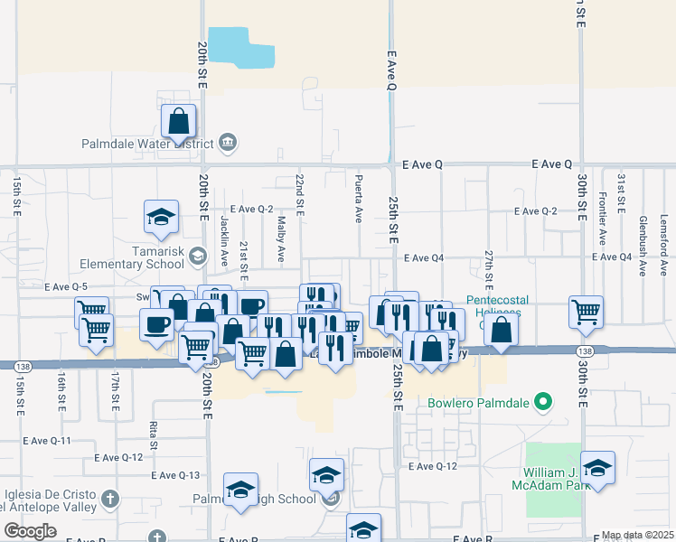 map of restaurants, bars, coffee shops, grocery stores, and more near 2260 East Avenue H10 in Lancaster