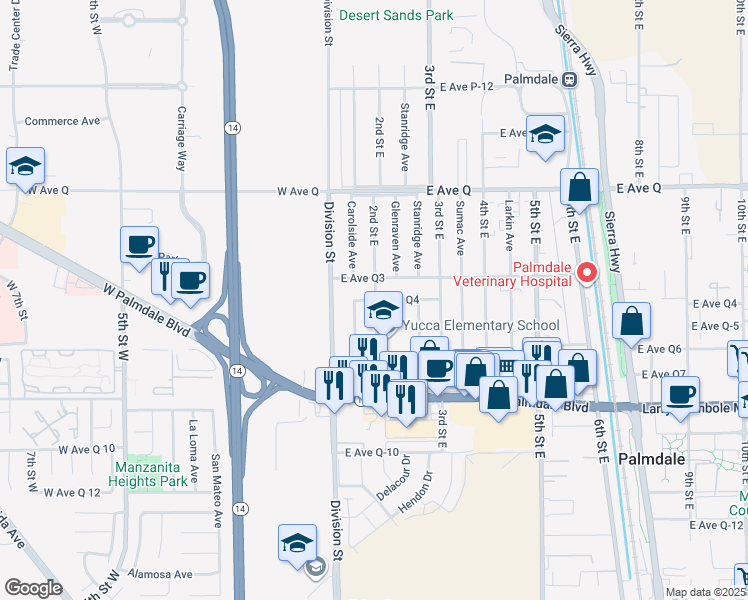 map of restaurants, bars, coffee shops, grocery stores, and more near 190 East Avenue Q4 in Palmdale