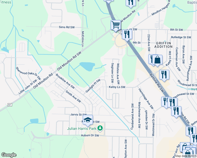 map of restaurants, bars, coffee shops, grocery stores, and more near 2408 Gaslight Place Southwest in Decatur