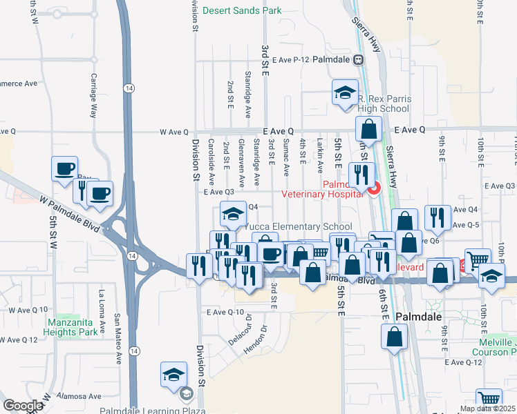 map of restaurants, bars, coffee shops, grocery stores, and more near 232 East Avenue Q-3 in Palmdale