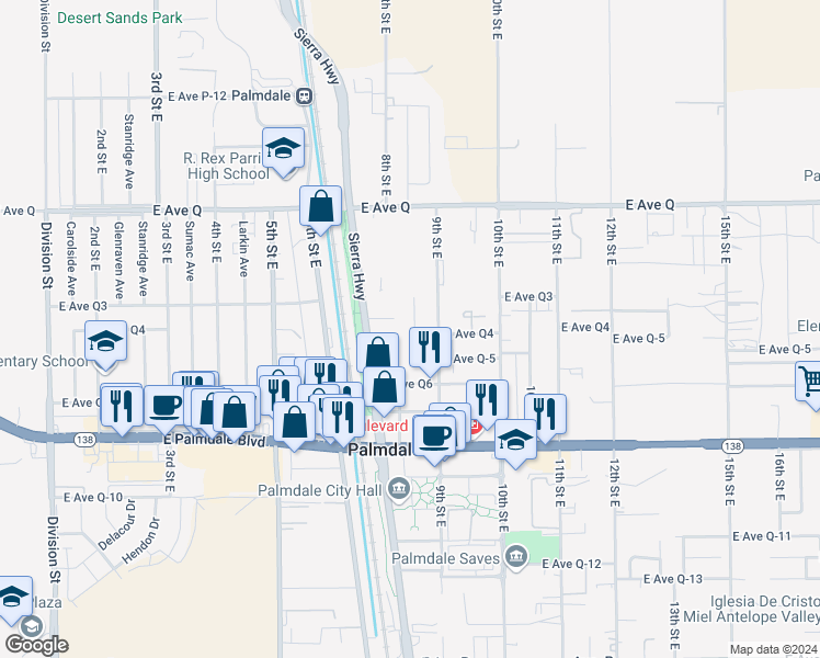 map of restaurants, bars, coffee shops, grocery stores, and more near East Avenue Q4 in Palmdale