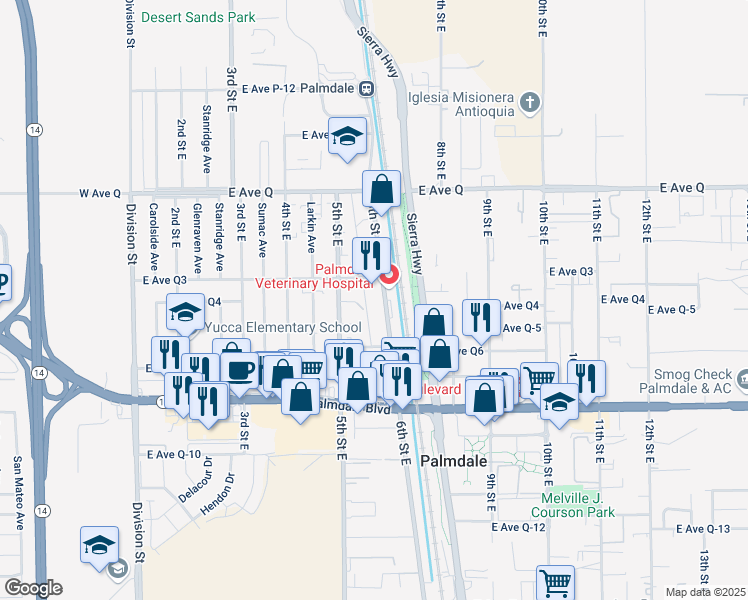 map of restaurants, bars, coffee shops, grocery stores, and more near 38573 6th Street East in Palmdale