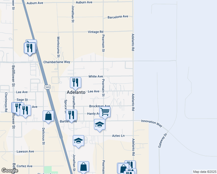 map of restaurants, bars, coffee shops, grocery stores, and more near 18357 Pearmain Street in Adelanto