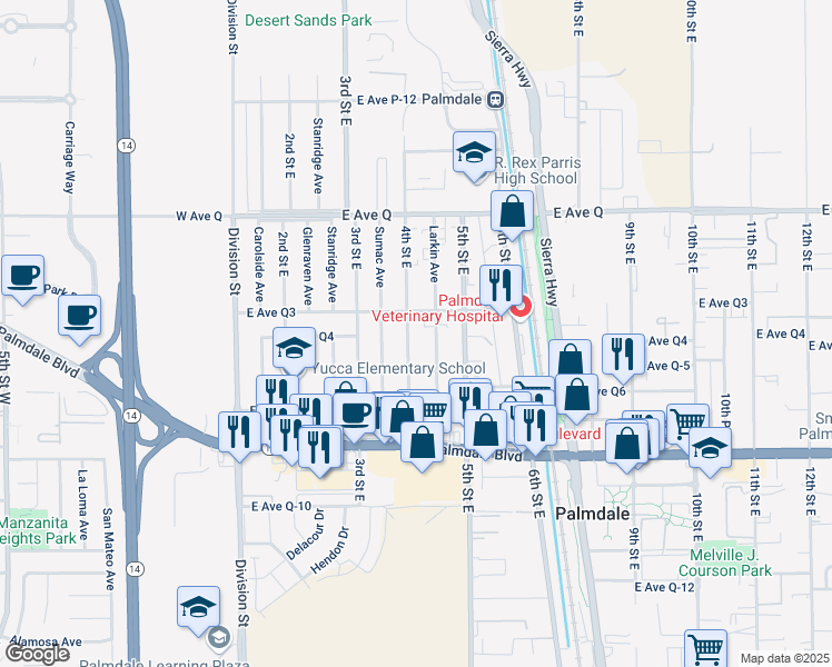 map of restaurants, bars, coffee shops, grocery stores, and more near 417 East Avenue Q3 in Palmdale