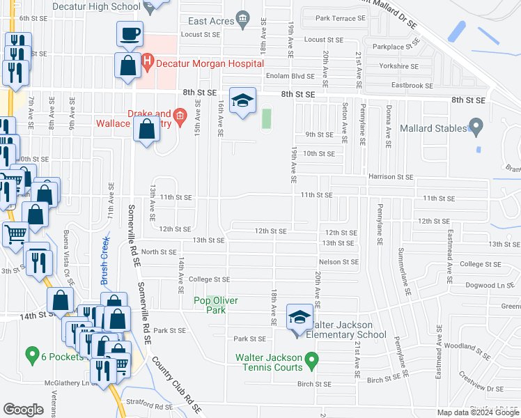 map of restaurants, bars, coffee shops, grocery stores, and more near 1619 11th Street Southeast in Decatur