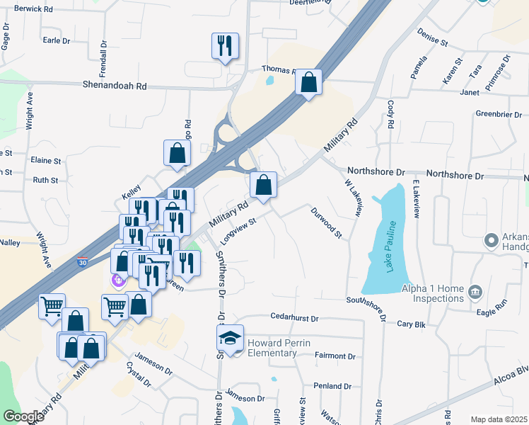 map of restaurants, bars, coffee shops, grocery stores, and more near 2123 Military Road in Benton