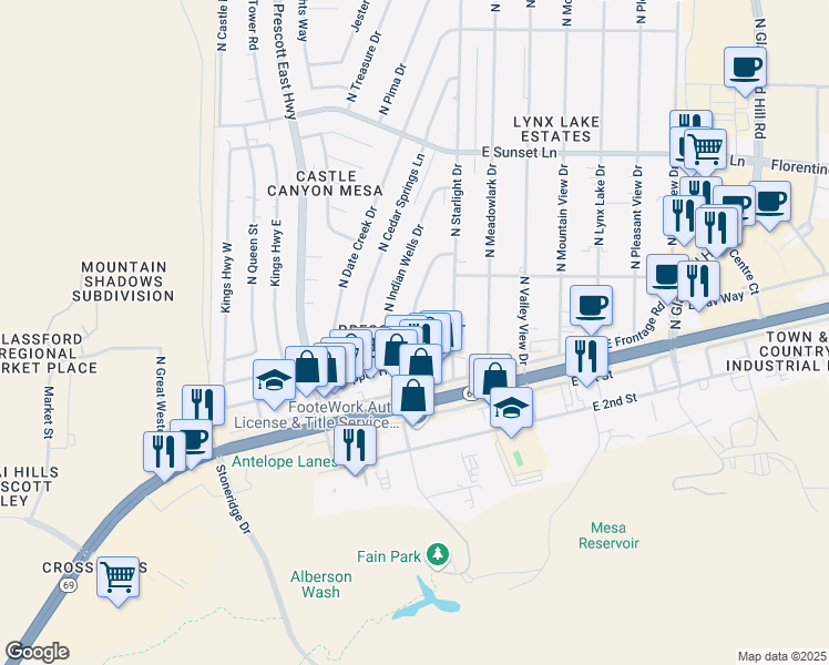 map of restaurants, bars, coffee shops, grocery stores, and more near 2797 North Superstition Lane in Prescott Valley