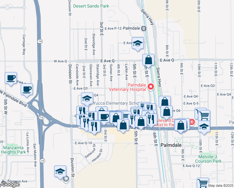 map of restaurants, bars, coffee shops, grocery stores, and more near 38545 4th Street East in Palmdale
