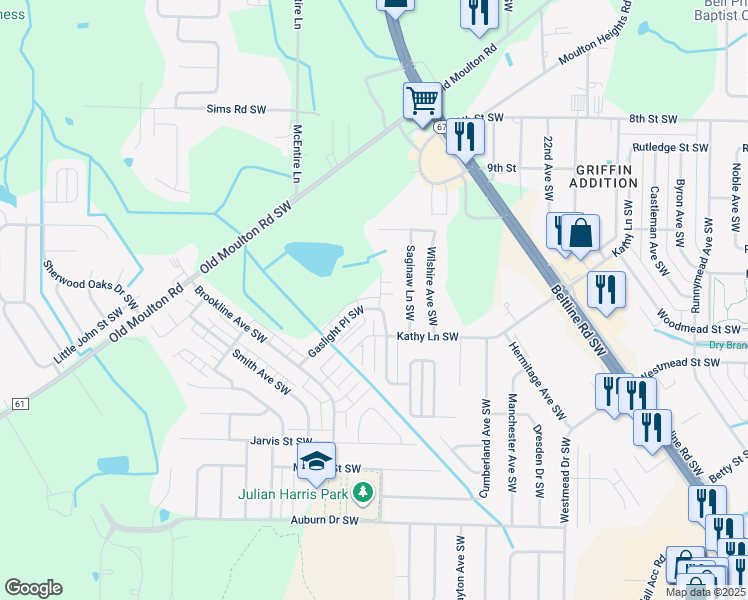map of restaurants, bars, coffee shops, grocery stores, and more near 2301 Gaslight Court Southwest in Decatur