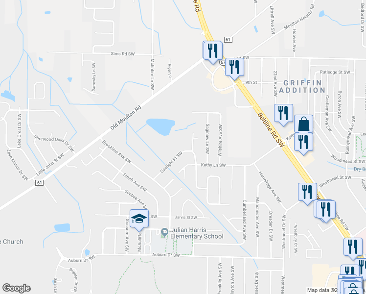map of restaurants, bars, coffee shops, grocery stores, and more near 2408 Gaslight Place Southwest in Decatur