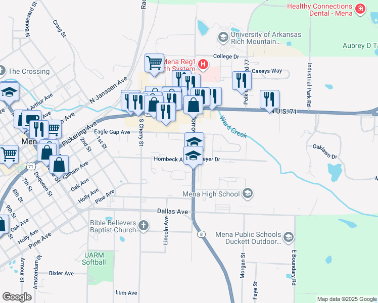 map of restaurants, bars, coffee shops, grocery stores, and more near 309 Morrow Street South in Mena