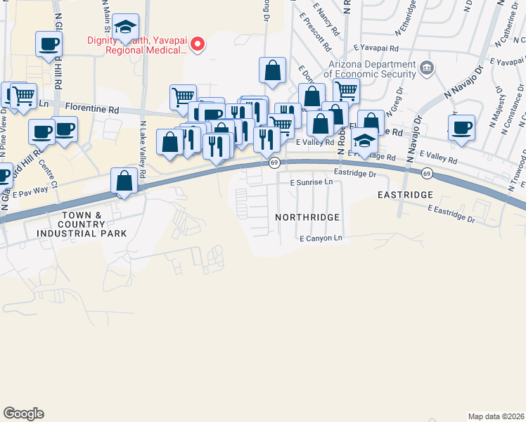 map of restaurants, bars, coffee shops, grocery stores, and more near 55 East Crystal Air Drive in Prescott Valley
