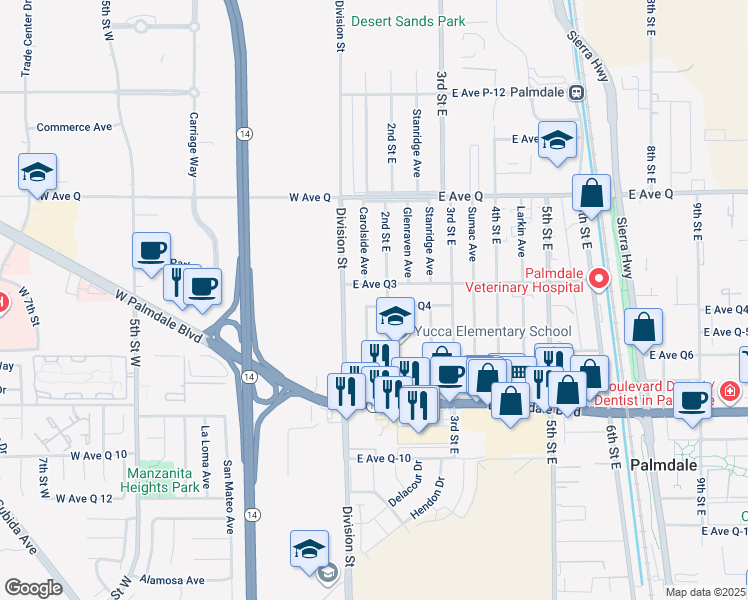 map of restaurants, bars, coffee shops, grocery stores, and more near 133 East Avenue Q4 in Palmdale