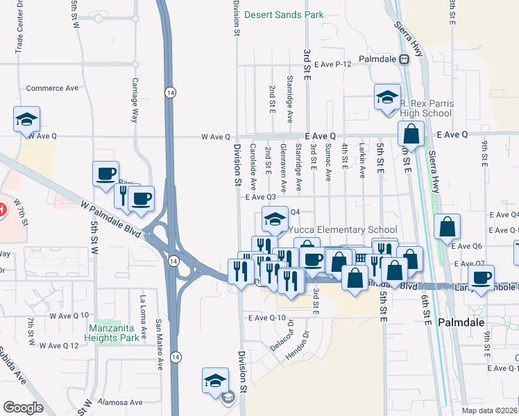map of restaurants, bars, coffee shops, grocery stores, and more near 133 East Avenue Q4 in Palmdale