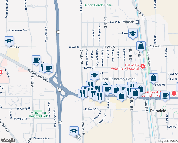 map of restaurants, bars, coffee shops, grocery stores, and more near 133 East Avenue Q4 in Palmdale