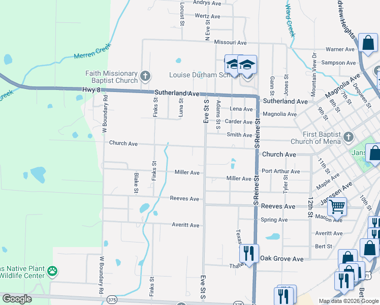 map of restaurants, bars, coffee shops, grocery stores, and more near 2105 Church Avenue in Mena